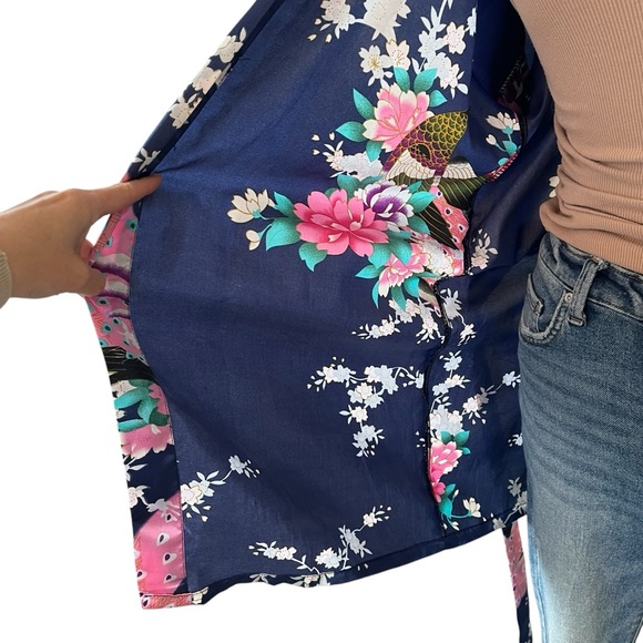 Vintage satin peacock kimono robe knee length blue pink OS - Picture 15 of 15